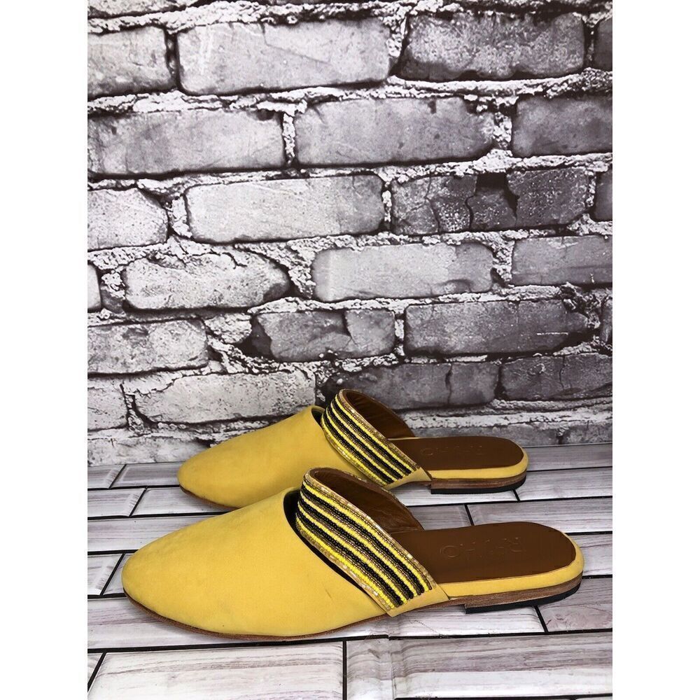 RoHo Yellow Suede Leather Beaded Strap Mules Flats Shoes Women’s Sz 42EU/11M US